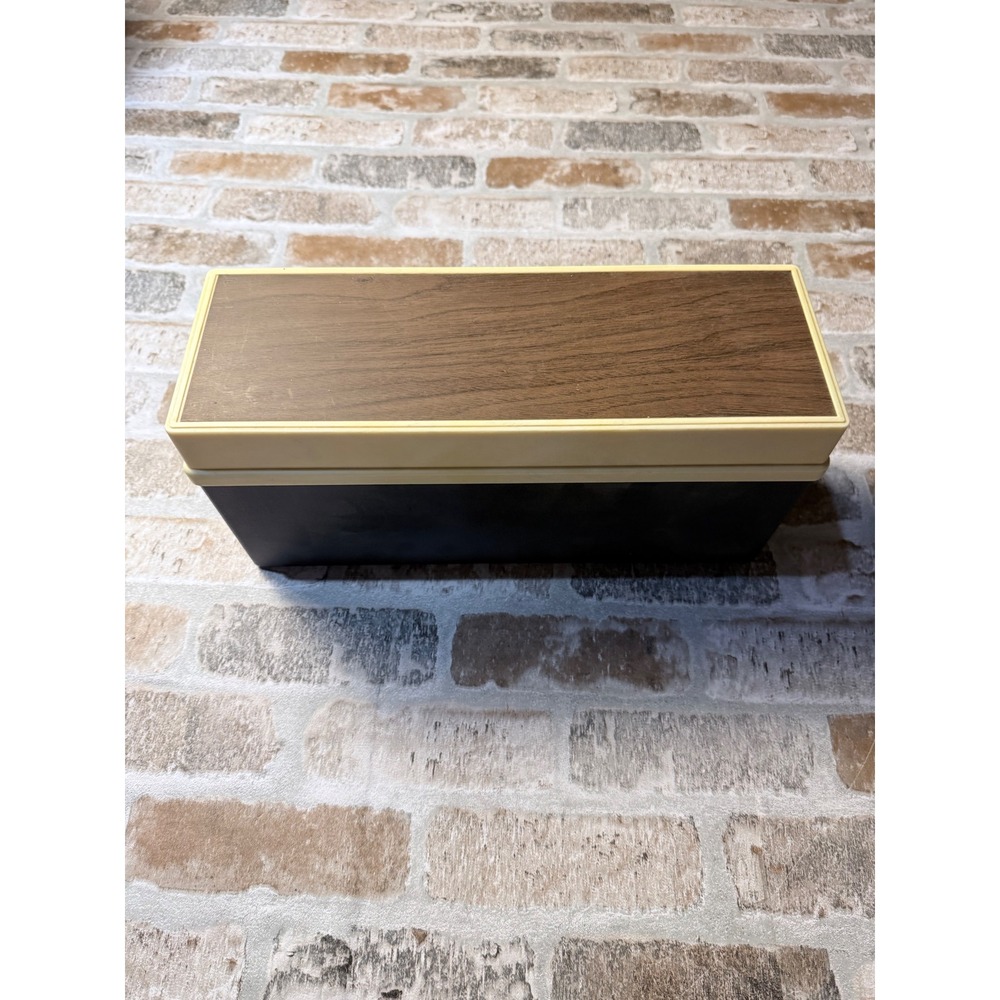 Vintage Cassette Tape Storage Box Faux Wood Grain‎ Lid Black Plastic Case Retro